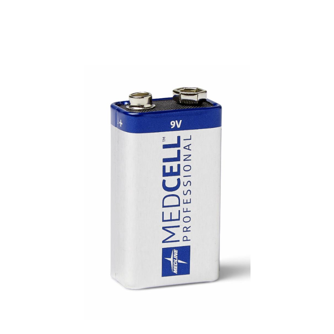 A rectangular MedCell Professional Battery with a blue and silver design stands upright on a white background, displaying its top terminals, ready to power your essential devices.